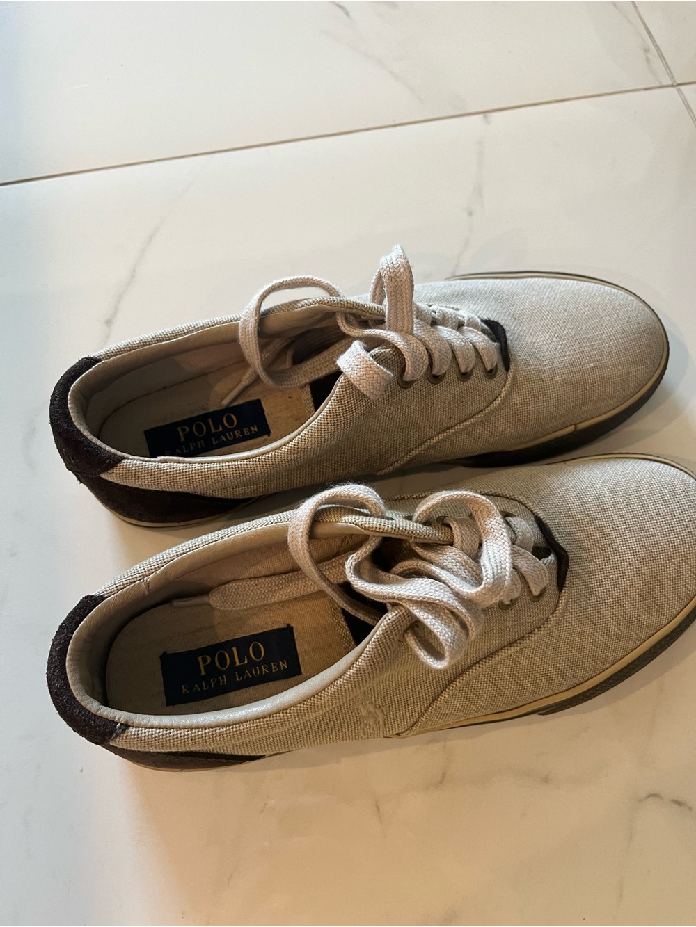 Polo by Ralph Lauren Men's Canvas Sneakers in Beige with Brown Accents